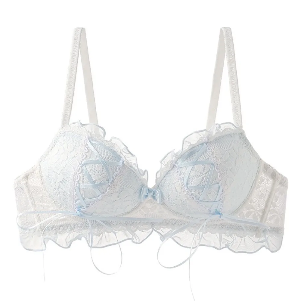 

Lingerie Bowknot Wireless Deep V Bra Mesh Flower Shockproof Underwear for Women Anti-sagging Lolita Sweet Lace Push Up Bra Girls