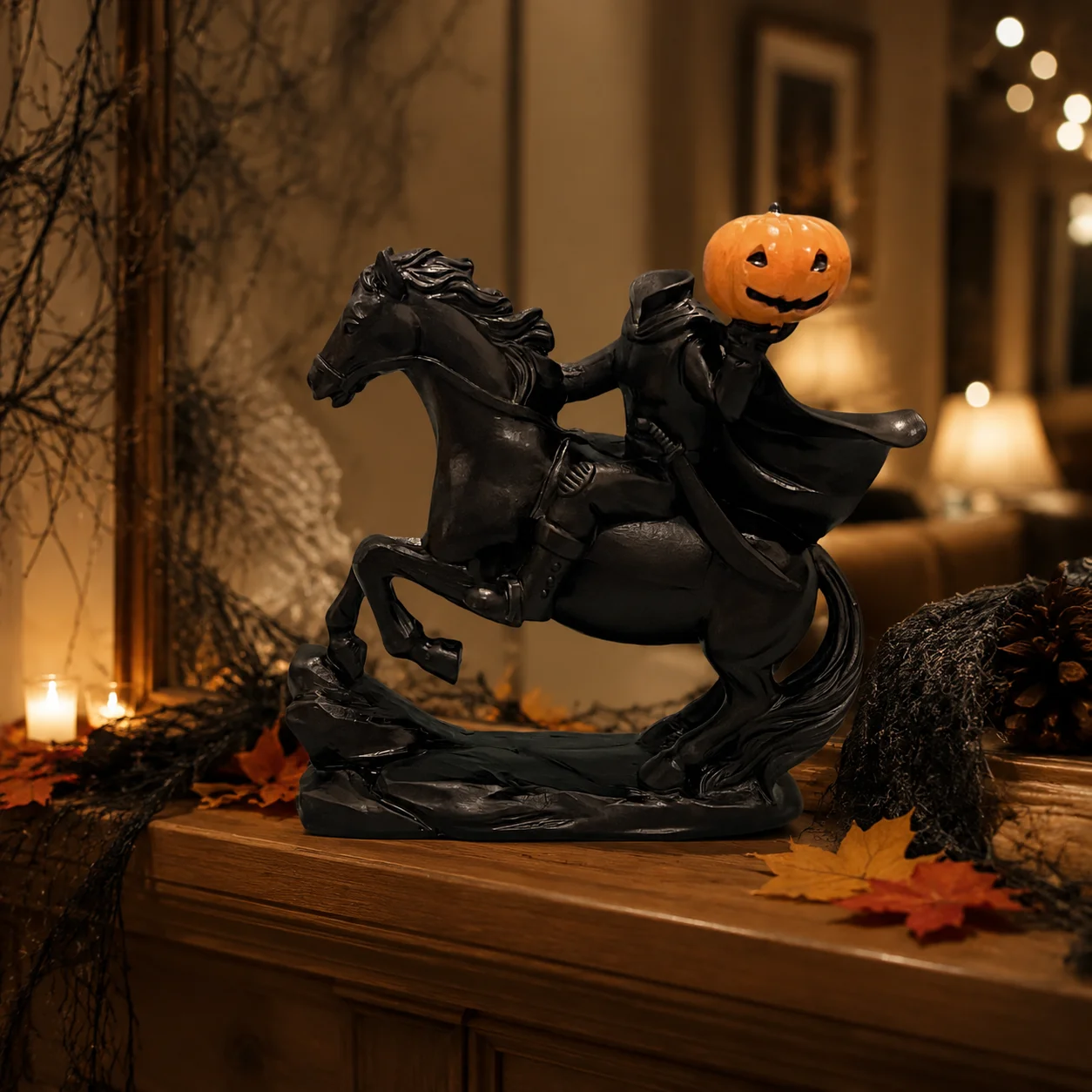 Resin Figurine Headless Horseman for Halloween Party Spooky Pumpkin Lantern Statue Home Shelf Decor Durable Ornament Art