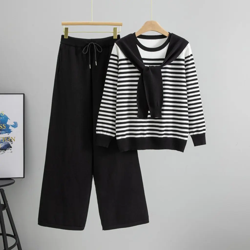 

Женский вязаный комплект из двух предметов, осенне-зимний модный полосатый свитер и широкие брюки, профессиональный небольшой аромат