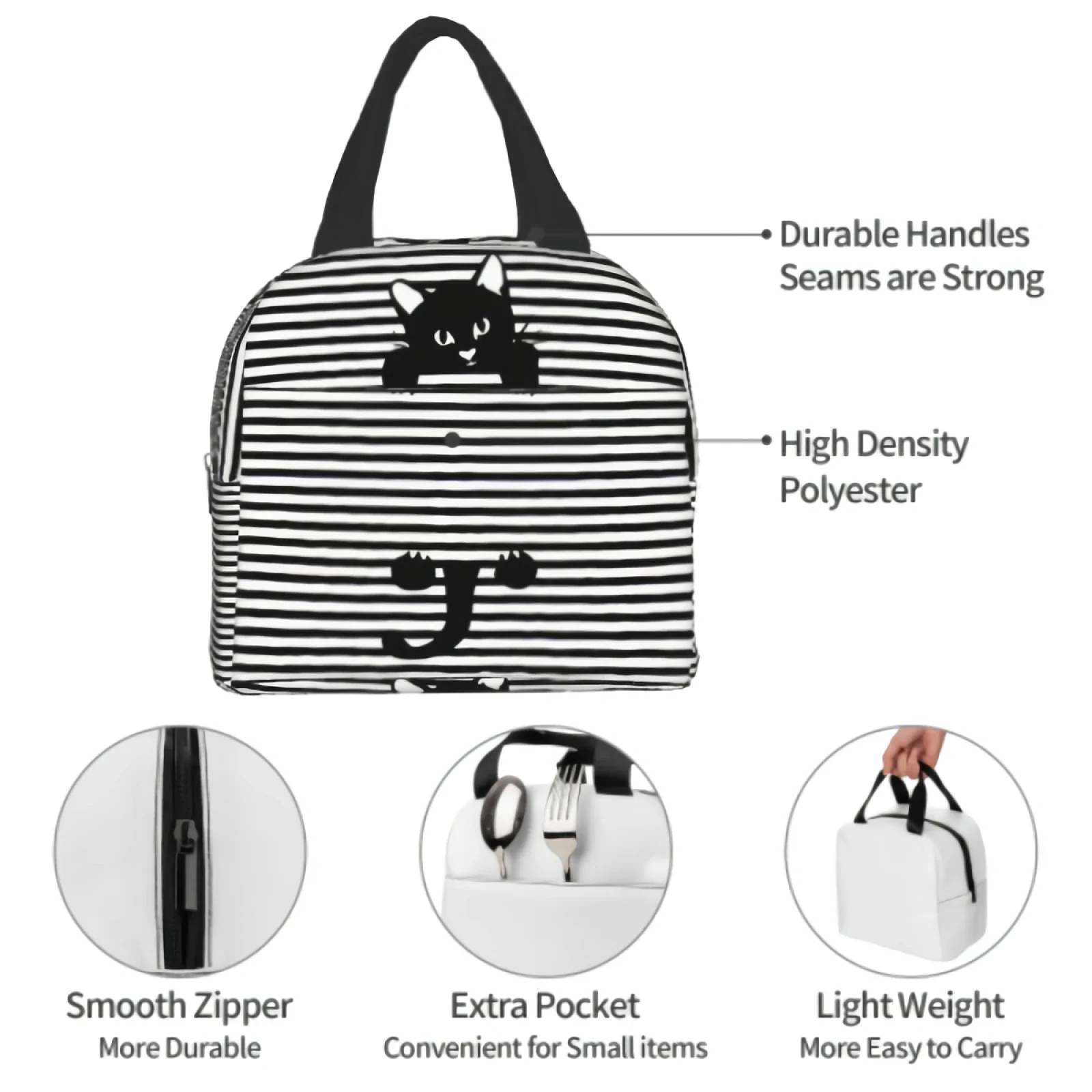 Bolsa de almuerzo térmica con bonito gato negro para mujer, fiambrera a rayas blancas y negras, bolsa de viaje portátil reutilizable con aislamiento para Picnic