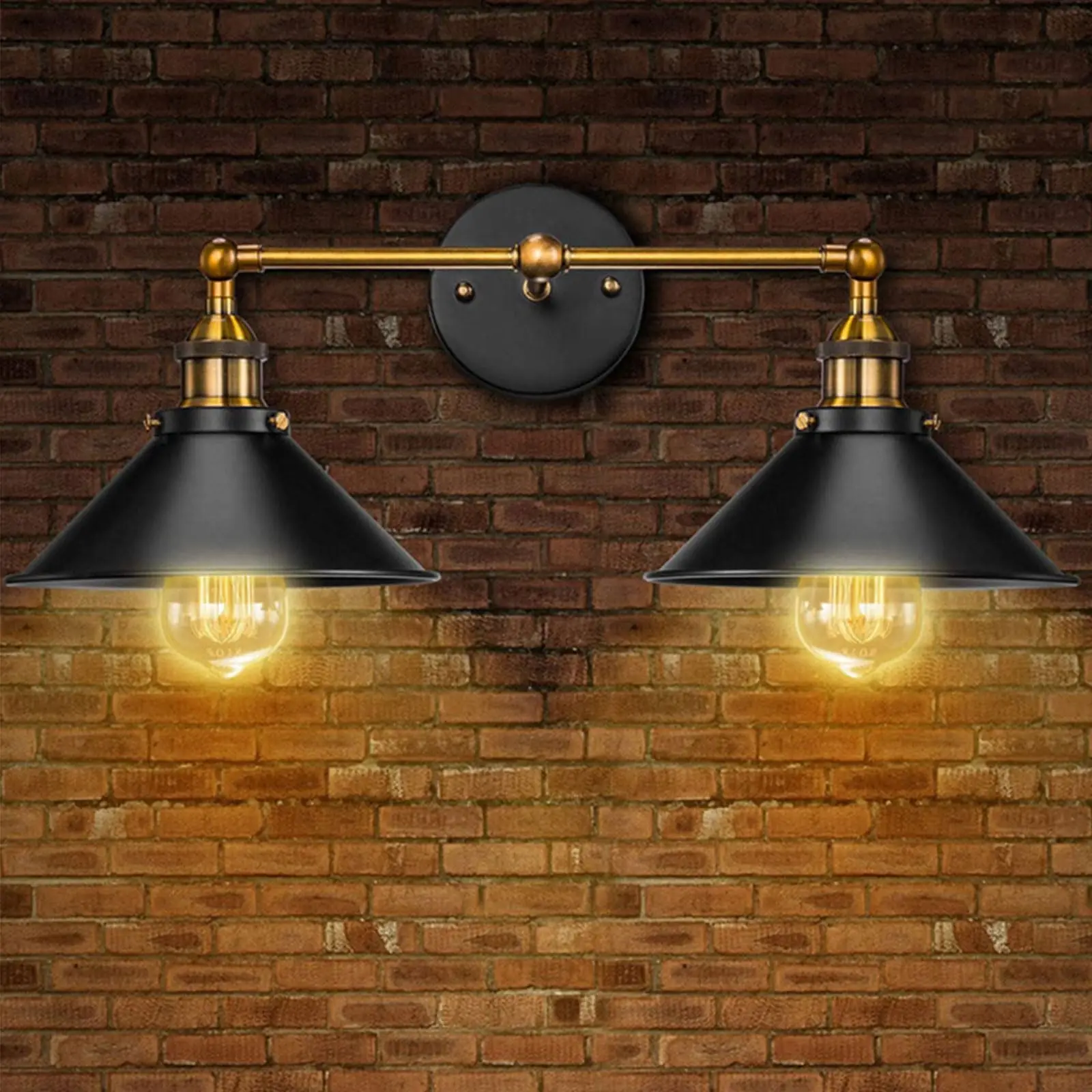Retro Adjustable 2 Head Wall Sconce 180° Rotation Mirror Finish Metal Arm E27 Base for Kitchen Dining Bedroom Bar Black