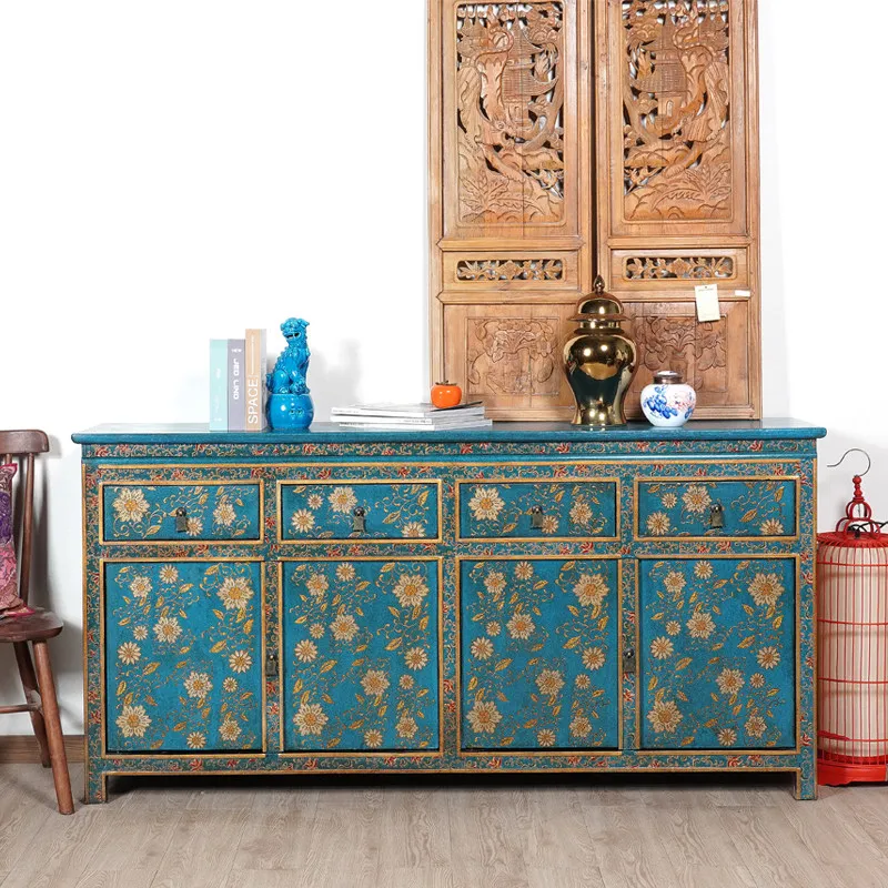 Chinese solid wood gold pattern dining side cabinet art decorative furniture entrance cabinet