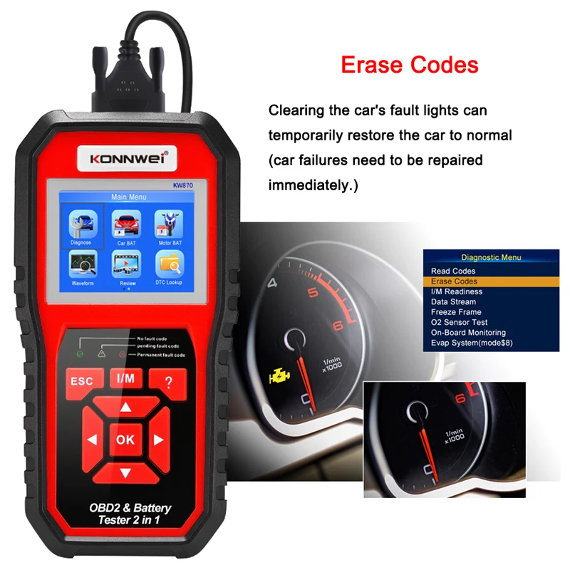 KONNWEI KW870 سيارة دراجة نارية 6 فولت 12 فولت جهاز اختبار بطارية obd2 التلقائي ماسح ضوئي تشخيصي 2 في 1 التحريك شحن أدوات الاختبار