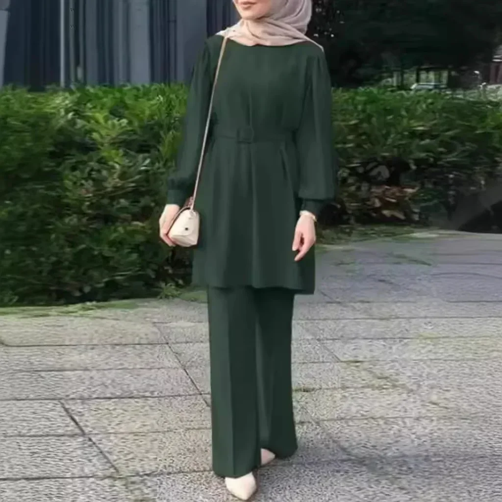 Eid Mubarek Outfit Fashion Suit Turkey Abaya Causal Pant Sets Muslim Long Sleeve Blouse Trouser Suit Women Matching Sets