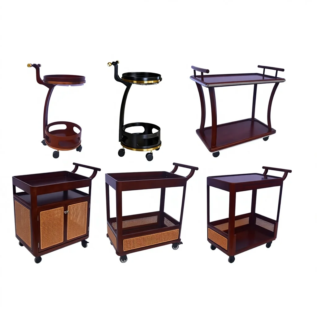 Portable Large Three-Tier Solid Wood Multi-Color Beverage Cart Red Wine & Bar Trolley Hotel Service Multi-Use Cart