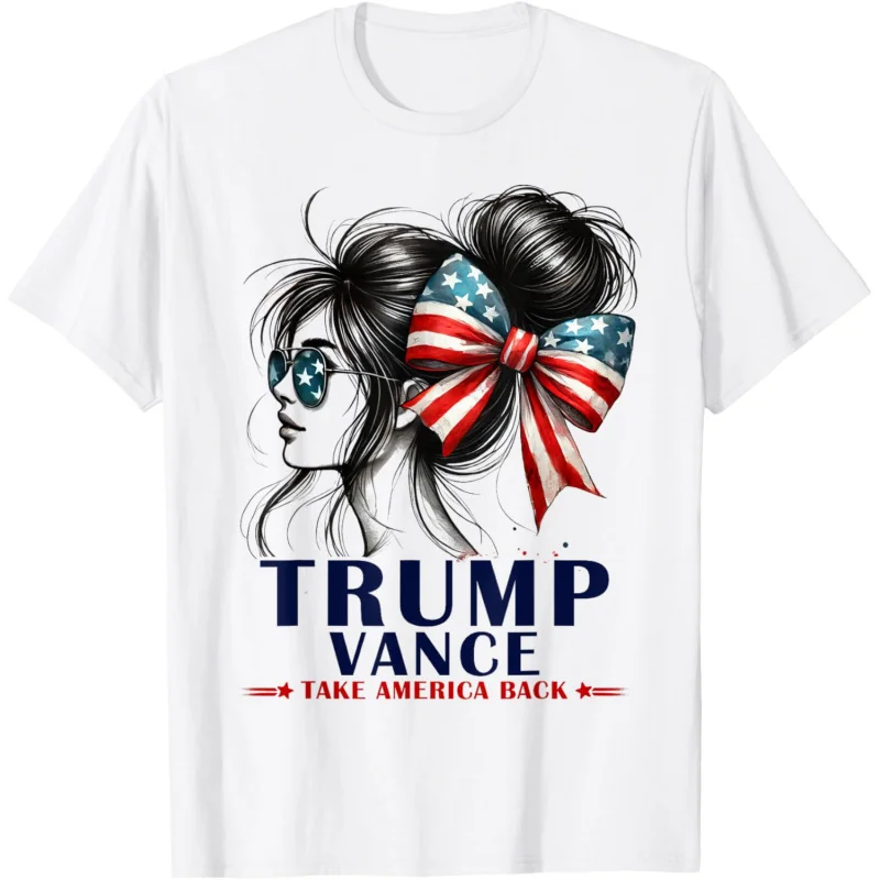 Trump 2024 Vance Take America Back Messy Bun Girl USA Flag T-Shirt