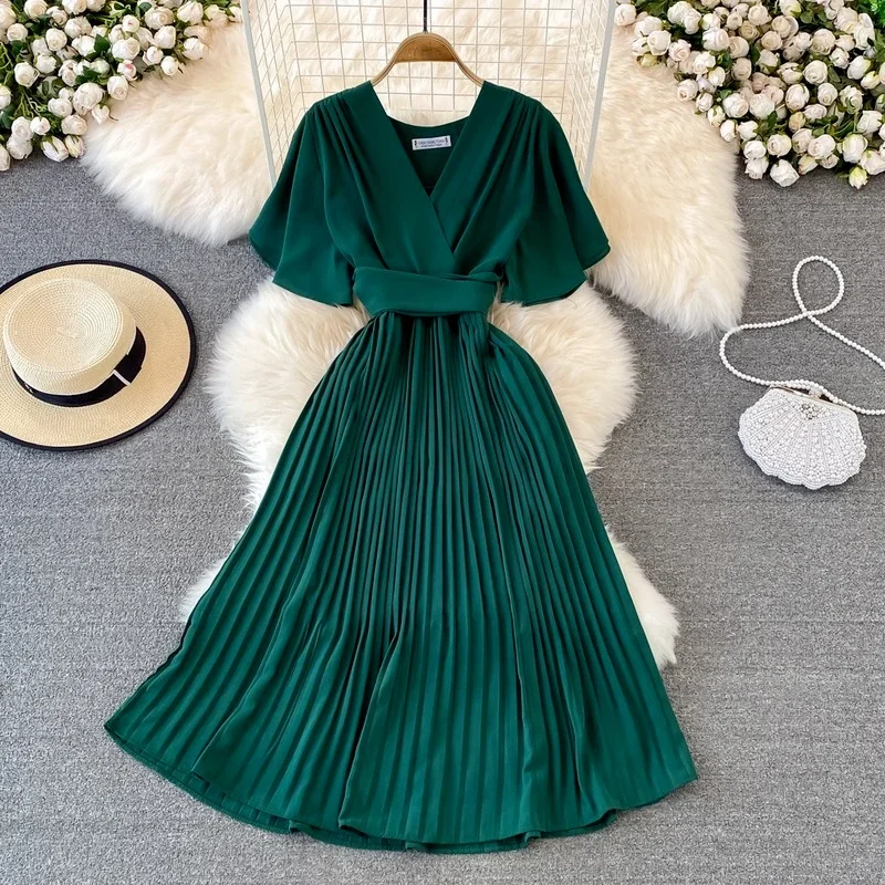 

New V-neck Short Sleeved Dress Slim Temperament Lace Up Large Pleated Dress 2024Summer Casual Dresses for Women Elegant 20851