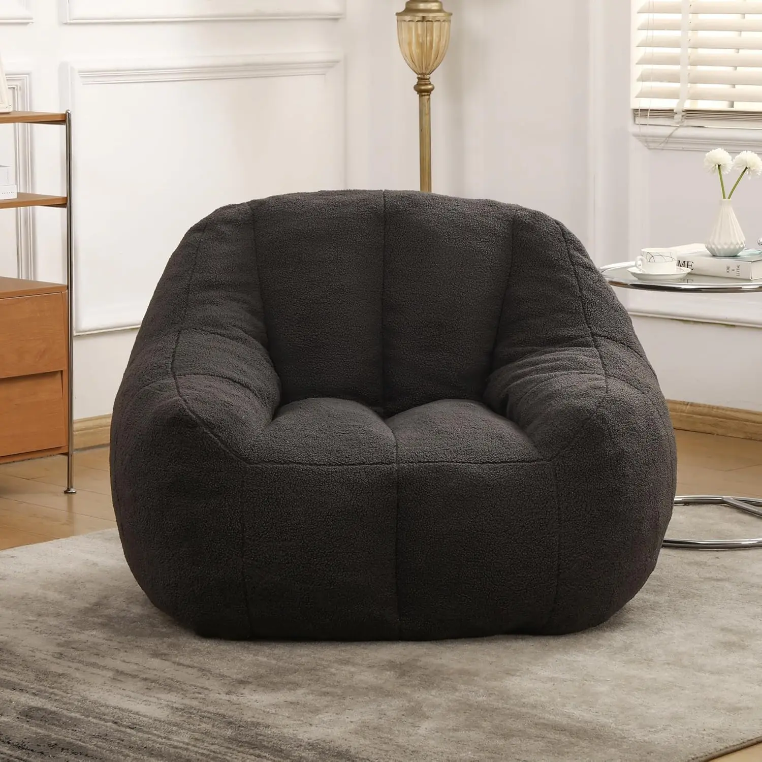 

Dark Grey Bean Bag Chair with Back Support for Adults, Comfy Teddy Fabric Round Soft Accent Chair