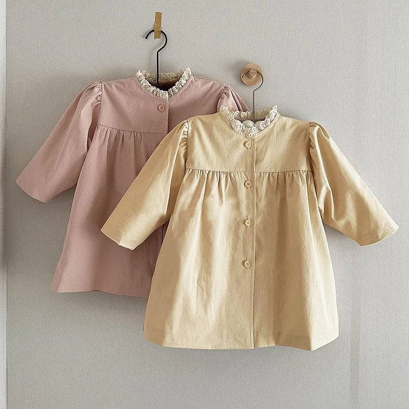Korean Girl Baby Spring New Coat Foreign Lace Neckline Single-breasted Cardigan Doll Shirt Trench Coat Fashion Casual