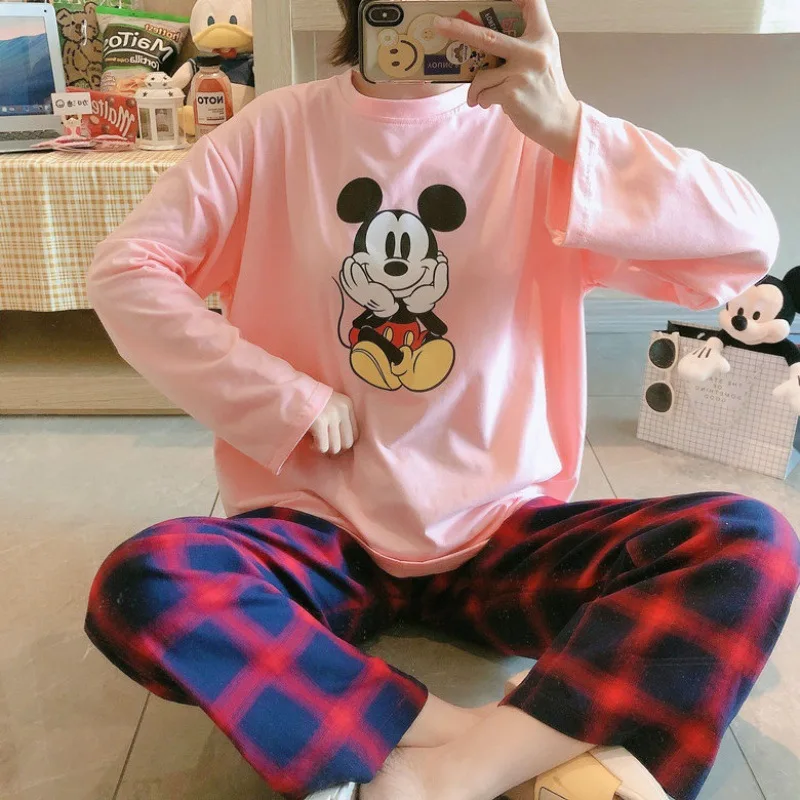 Disney Women Pajamas Cute Lion King Print Autumn Long Sleeve Trousers 2pcs Mickey Minnie Donald Duck Cartoon Pajamas Homewear