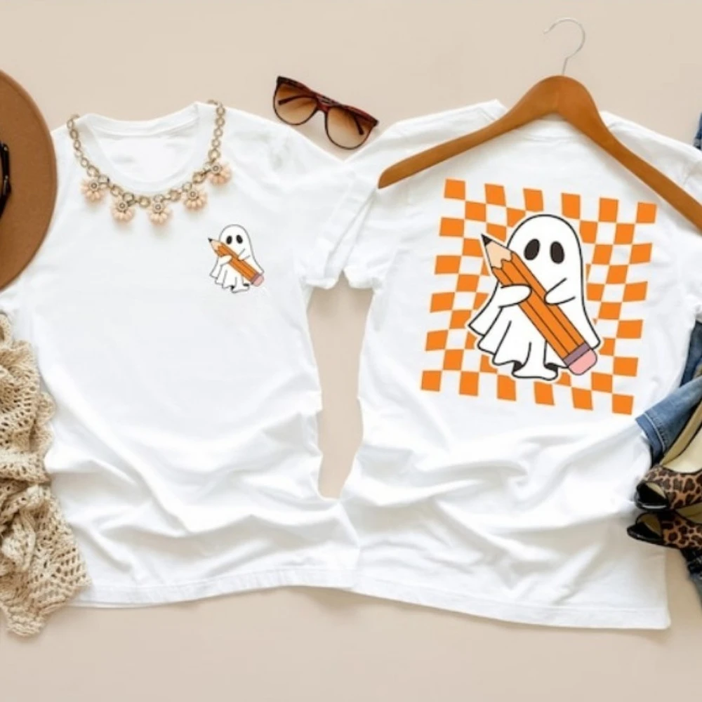 ハロウィン教師シャツかわいいゴースト教師ハロウィンシャツ、不気味な教師トップスオールハロウィンデイシンプルスタイル女性Tシャツ