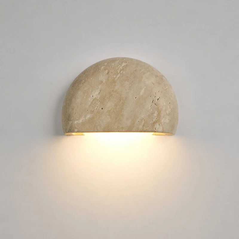 Wabi Sabi Natural Travertine Wall Lamp Boncarteck Semicircle Stone Sconce G9 LED 3000K Bedside Light Bedroom Living Room Decor