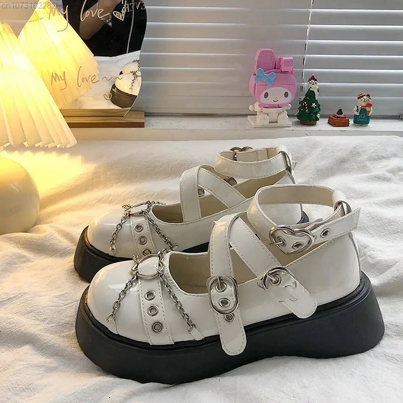 Women\'s Summer Slippers Gothic Round Toe Black Shoes Girls Thick Heels Punk Style Sandal Female Lolita Casual White Flat Shoes