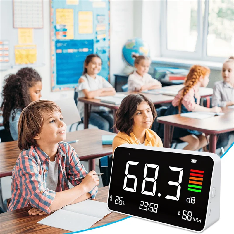 

A25F-LED Display Digital Decibel Meter 30-130Db Sound Level Meter, Desktop Noise Time Temperature Humidity Meter