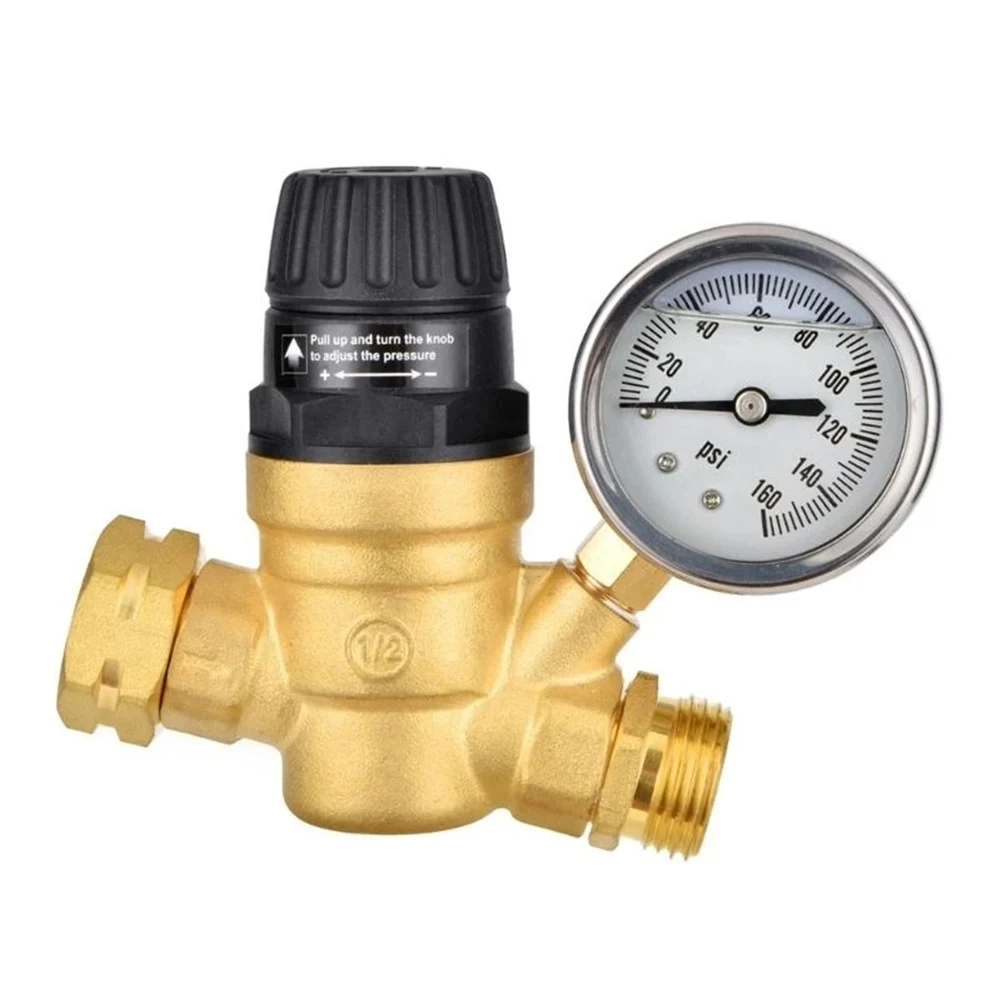 

Adjustable Water Pressure Regulator with Gauge for RVs Trailers Campers Compatible with Standard Garden Hose Fittings