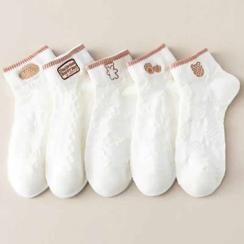 Chaussette ถุงเท้าถุงเท้าหญิงข้อเท้าตาข่ายเกาหลีน่ารักการ์ตูนฤดูร้อนสั้นตัด 5 คู่เรือนุ่มผู้หญิง Femme