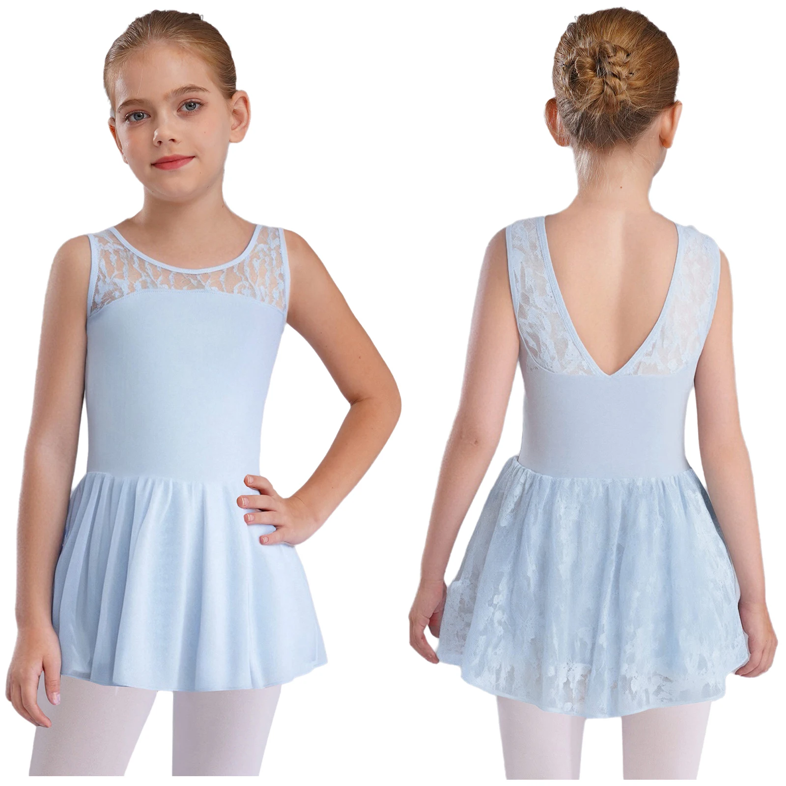 สาว V-Back ลูกไม้ลายดอกไม้บัลเล่ต์ Tutu ชุดแขนกุด Patchwork Breathable เหมาะสําหรับบัลเล่ต์ Dance Party Performance