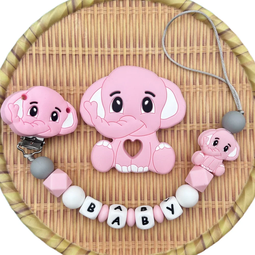 Customized English Letter Name Baby Elephant Silicone Pendant Pacifier Clips Holder Chains Teether Gifts