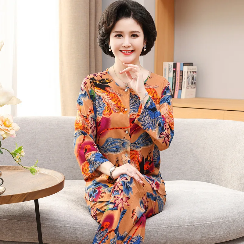 Middle-Aged Elderly Mother Home Clothes Cotton Rayon Pajamas Women\'s Spring Autumn Long-Sleeved Trousers Two-Piece Set XL-5XL