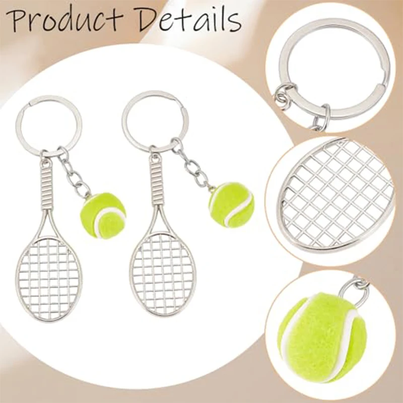 90Pcs Sports Tennis Key Chains, 3D Tiny Tennis Ball & Metal Racket Pendant Keyring, Athletic Gift Accessories for Bag Keys