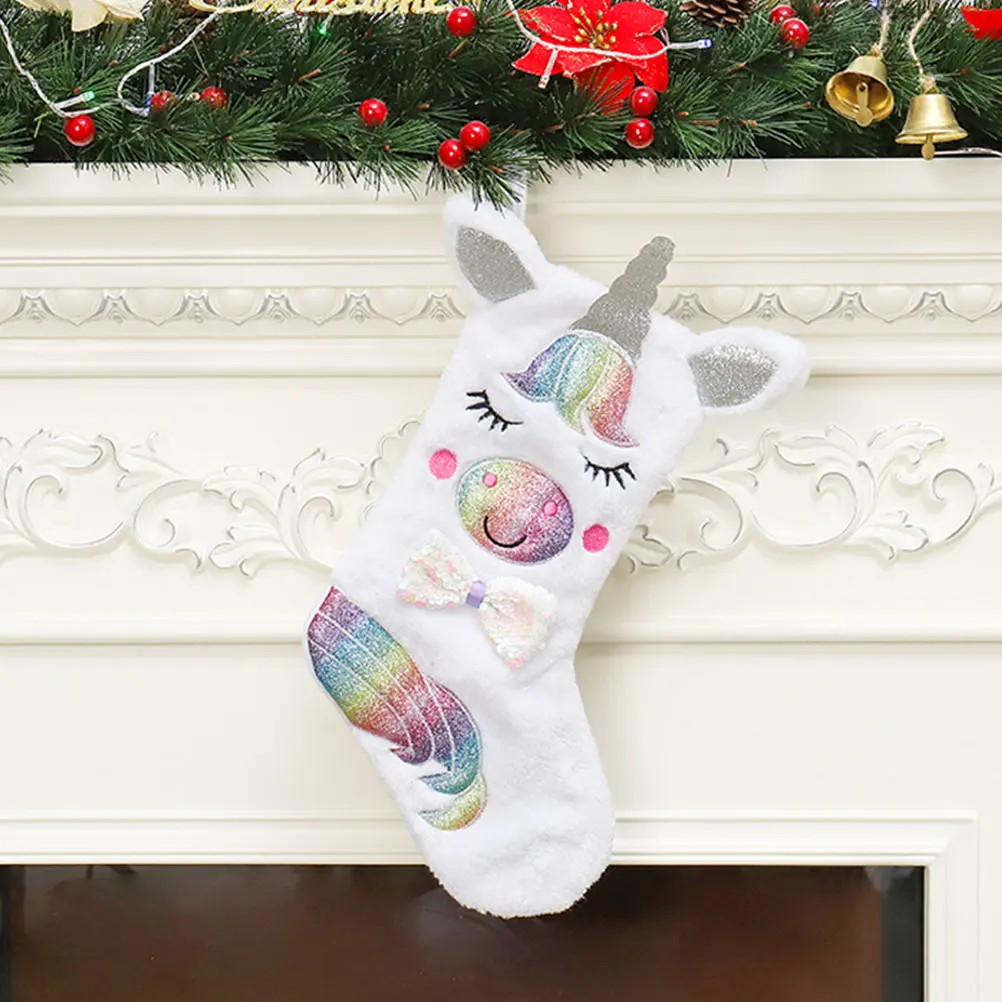 

Christmas Socks Gift Bag Unicorn Stocking Candy Holder Light Up For Tree Wall Fireplace Holiday Party Decorations