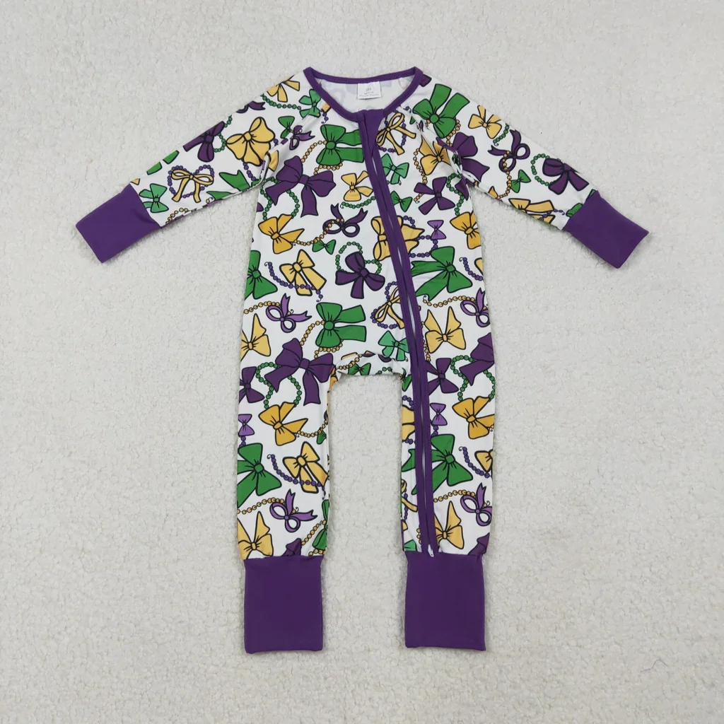 

Girls Onesies New Rompers Mardi Gras Bows Baby Footie Sleepers Romper