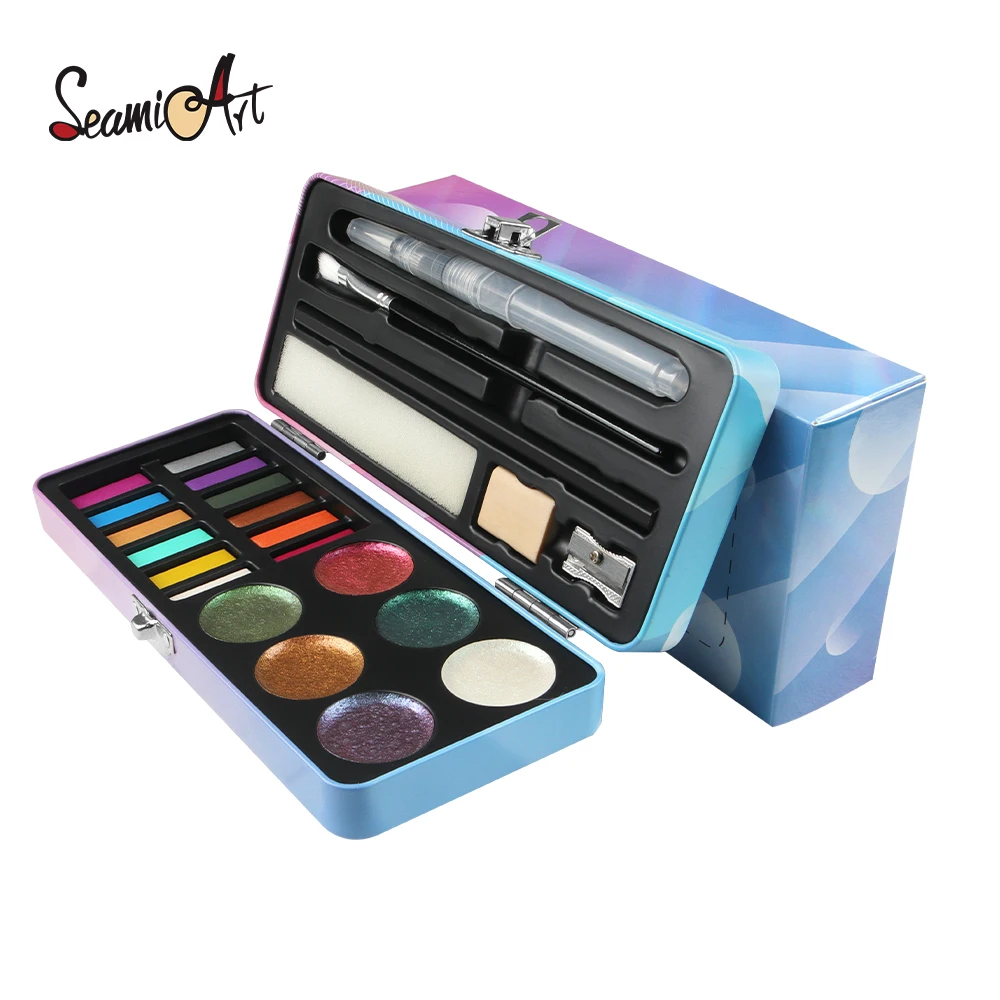 SeamiArt 12 Metallic Colors and 6 Chameleon Watercolor Set With 2 Pcs. Painting Brush For Painting Drawing Supplies