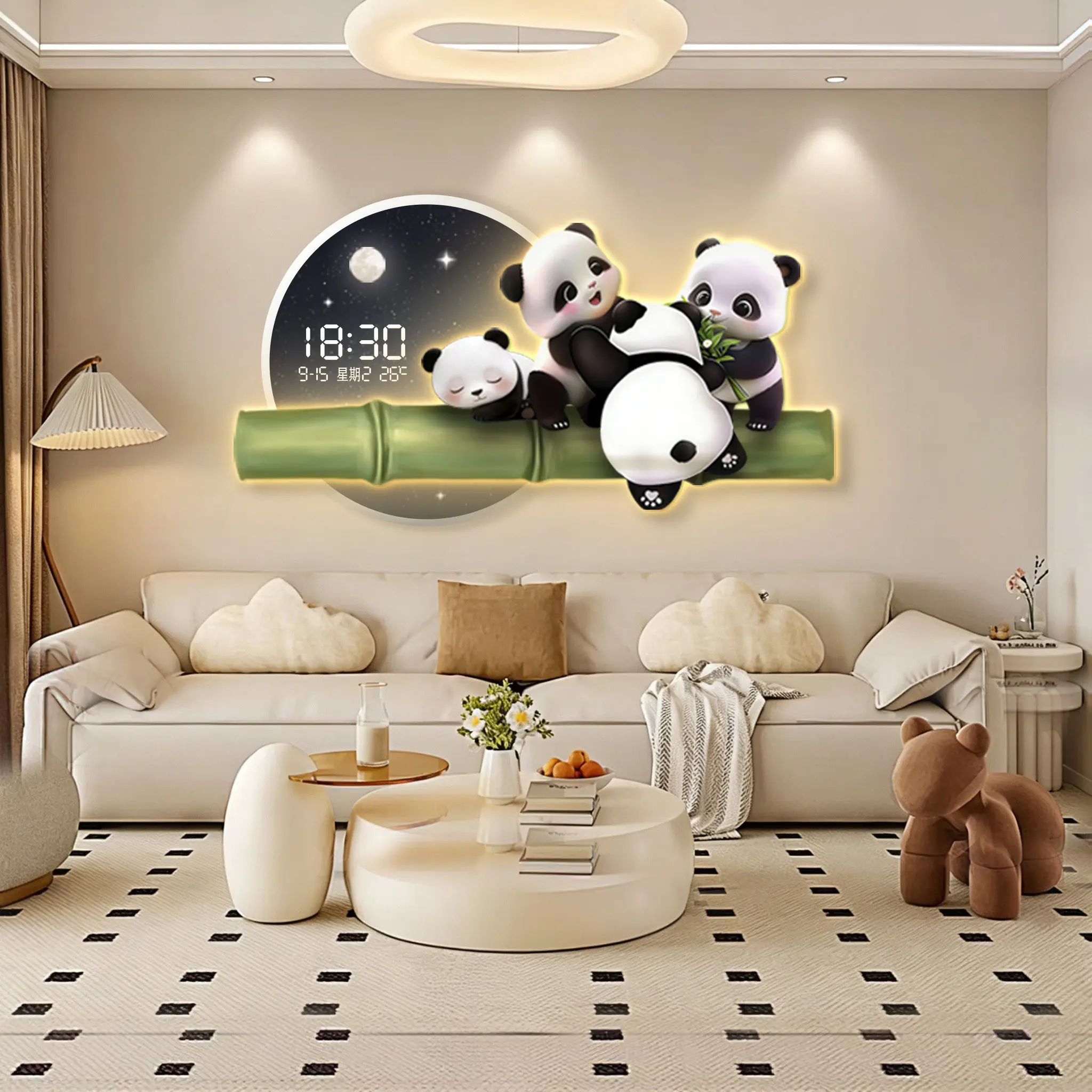 Creamy Cartoon Panda Clock, Living Room Decor Painting, Adorable Healing Decade Calendar Hanging Art