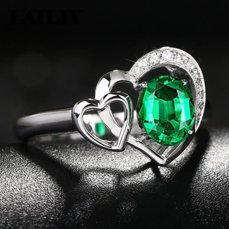 LAILIY925 Sterling Silver Emerald Micro set Zircon Openwork Double Heart Shape Adjustable Ring For Men Women  Fashion Jewelry