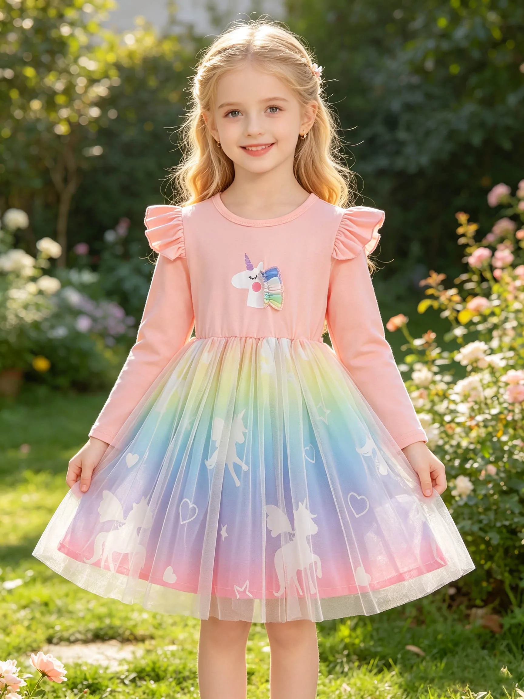 Mädchenkleid in Rosa mit Rüschen und Langen Ärmeln, Einhorn-Design, Makronen-Farbverlauf Regenbogen-Tüll Herz Pegasus Prinzessinnenkleid – Detail 1