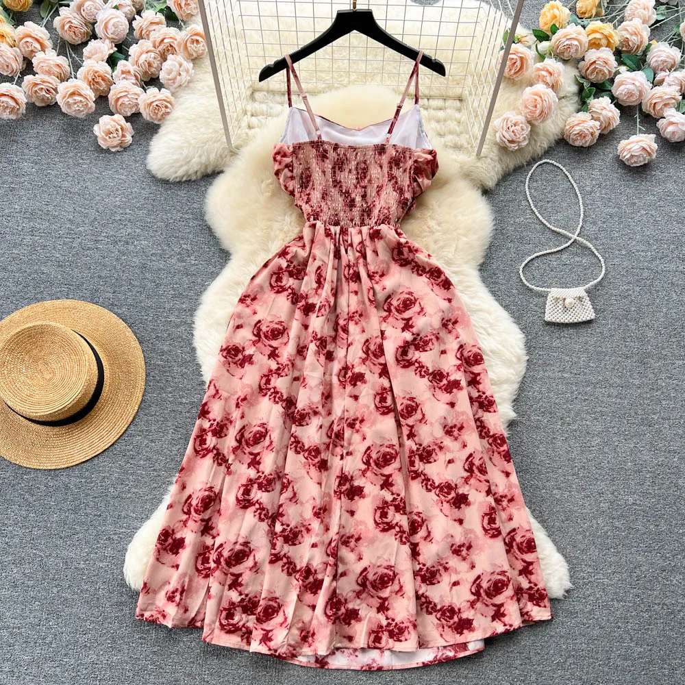 YuooMuoo Romantic Floral Print Long Dress Vintage Rose Print High Waist Spaghetti Strap Summer Dress Lady Beach Sundress