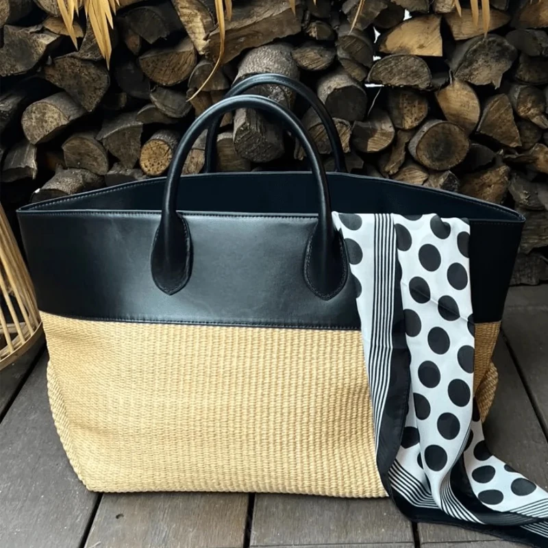 

Genuine Leather Straw Tote Bags For Women Luxury Designer Handbags Purses 2024 New In Cowhide Top Handle Large Capacity Shoulder