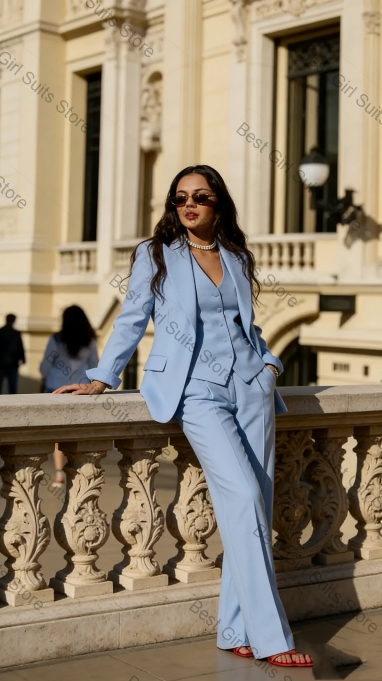 

Sky Blue Women Suit Set 3 Piece Blazer+Vest+Pants Spring Cotton Formal Office Lady Jacket Customized Wedding Coat
