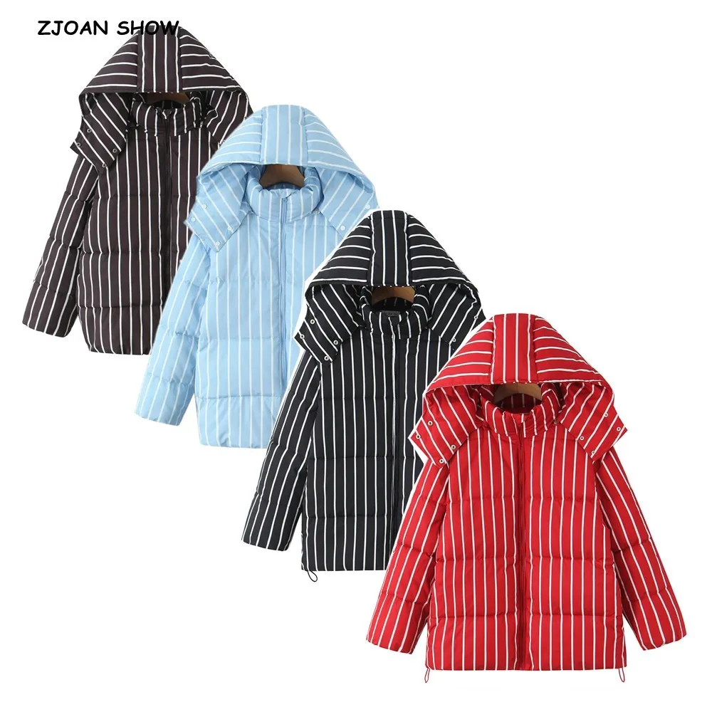 New Winter Fashion Women Zip Up Contrast Color Stripes Bread Parka Coat for Woman Removable Hat Hooded Long Sleeve Outerwear Red