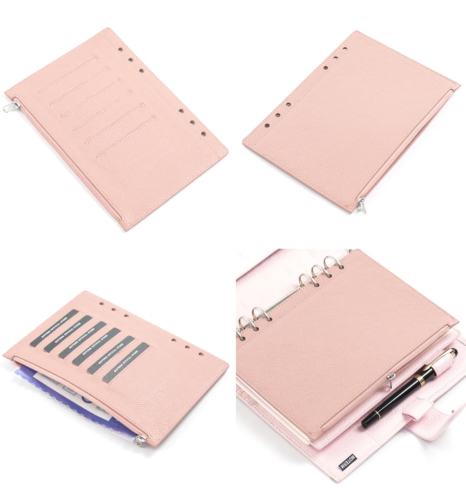 Moterm Rits Flyleaf Voor A5 Size Ring Planner Echt Pebbled Grain Lederen Divider Coin Opbergtas Notebook Accessoire