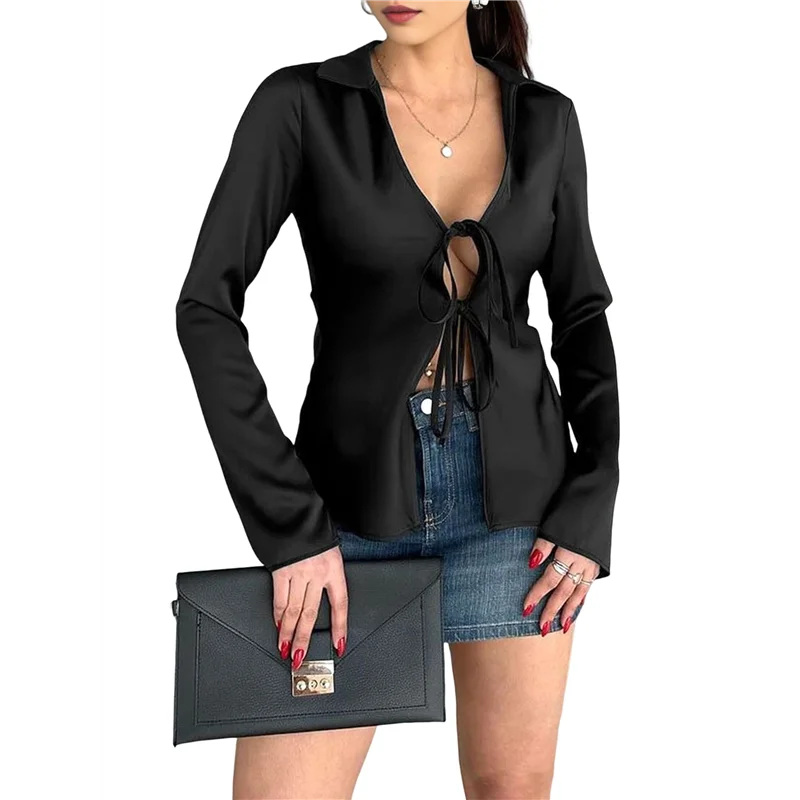 

AG-Womens Sexy- Tie Front Satin Shirts Deep V Neck Silk Club Tops Long Sleeve Y2k Going Out Blouse