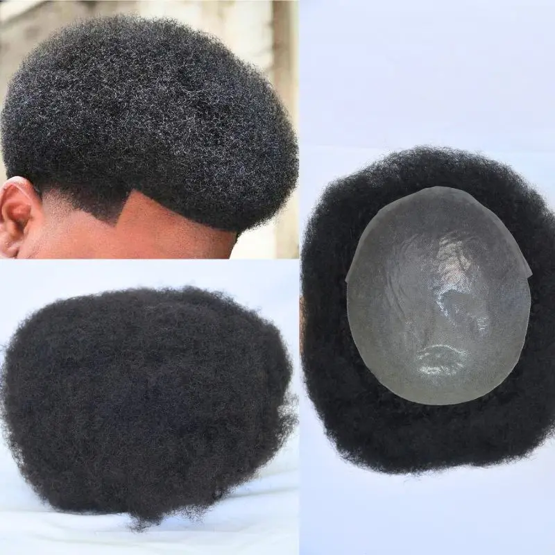 

Pwigs 10x8 Skin PU Thick 0.06 MM Hairline Back 0.08MM Afro Curly Toupee for Man Black 100% Human Hair Pieces System