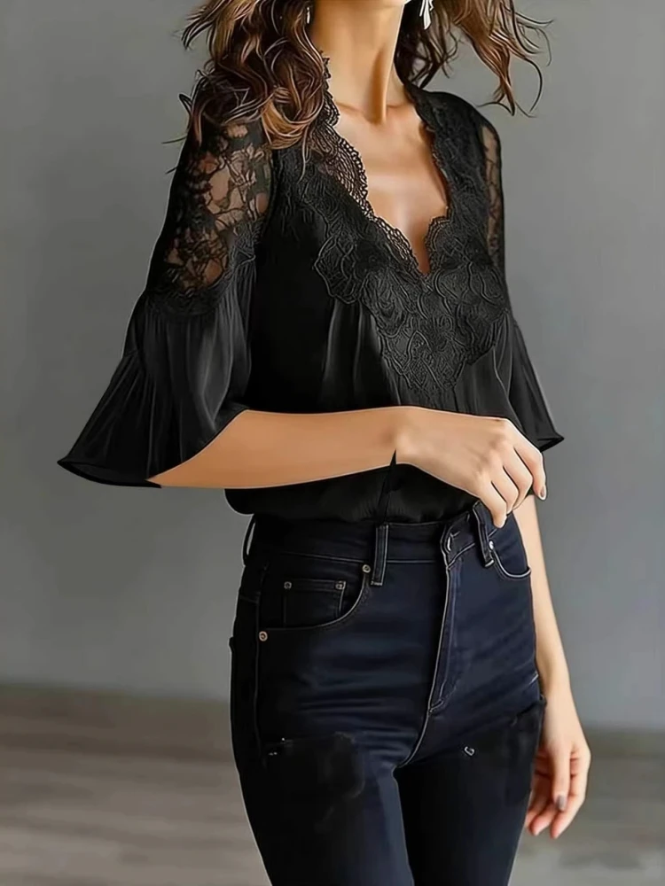 

Women's Elegant V-neck Blouse Black White Lace Splicing Short Sleeve Solid Chic Shirt for Office Commuter Sexy Female Top