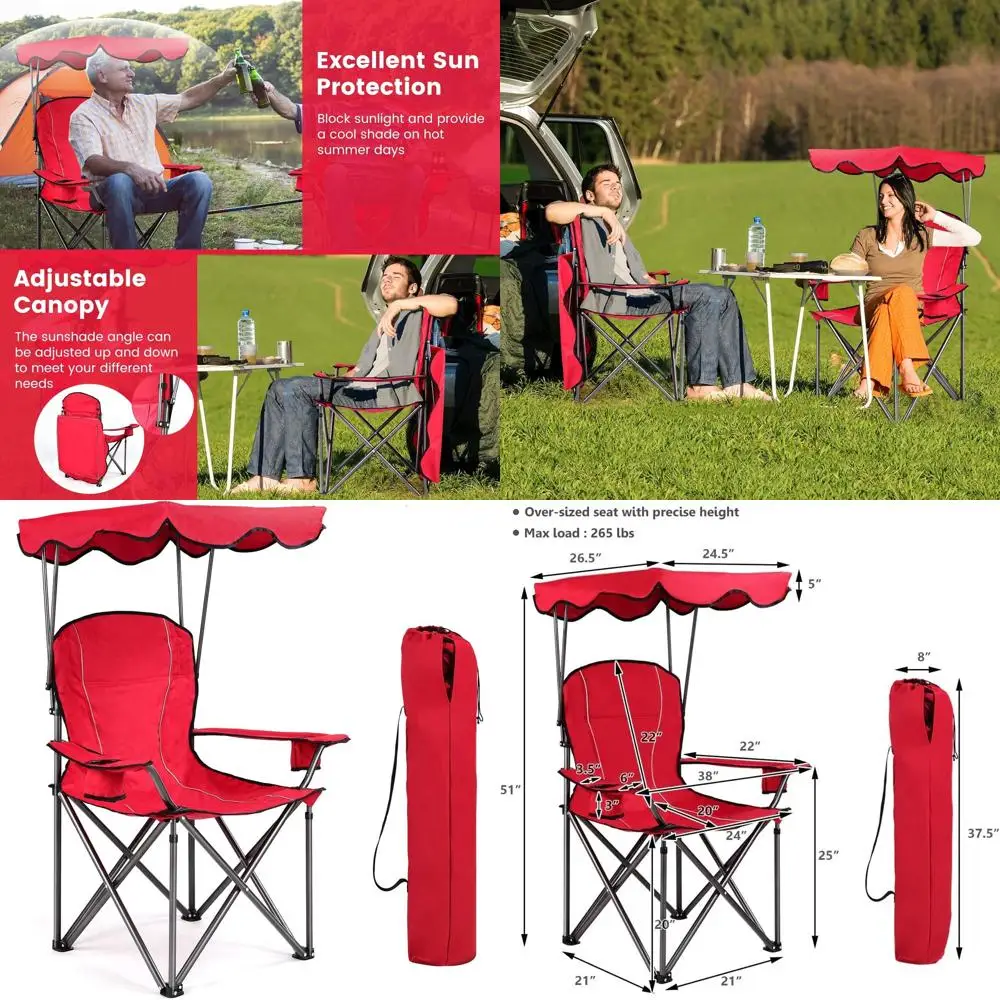 

Складное кресло для кемпинга, легкое портативное кресло для отдыха на природе с регулируемым навесом, сумкой для переноски, подстаканниками, для активного отдыха на природе