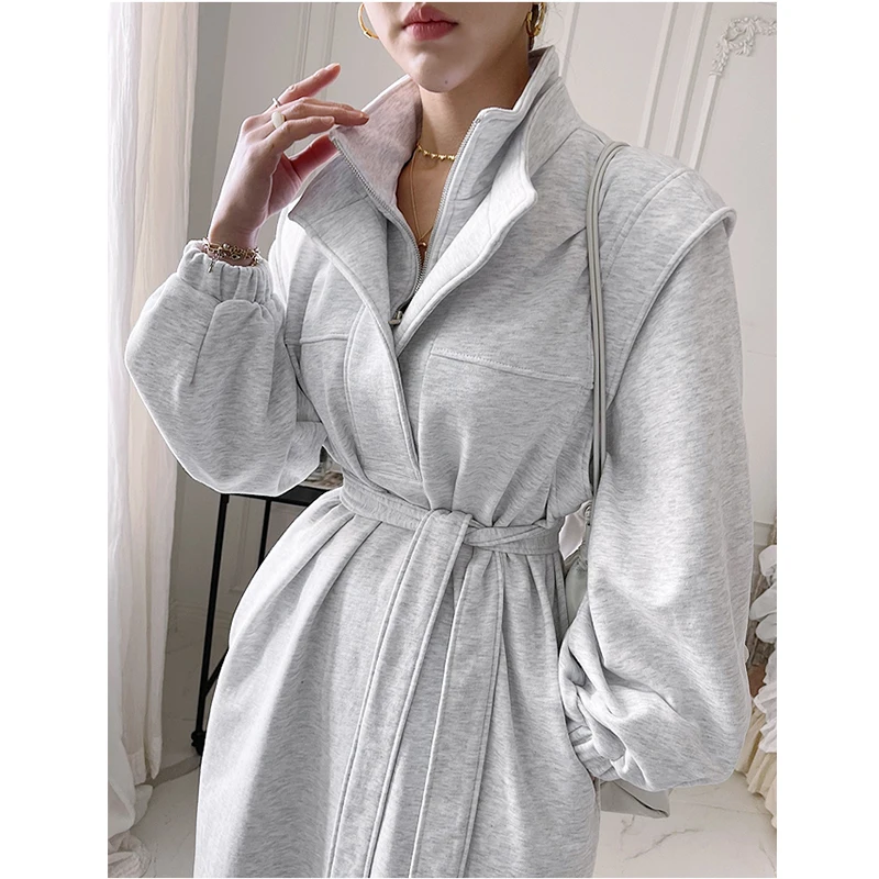 Elegant Korean Stand Neck Thick Hoody Dress Women Loose Belted Long Sleeve Vestidos Female Chic Gray Hoodies Long Dresses 3521