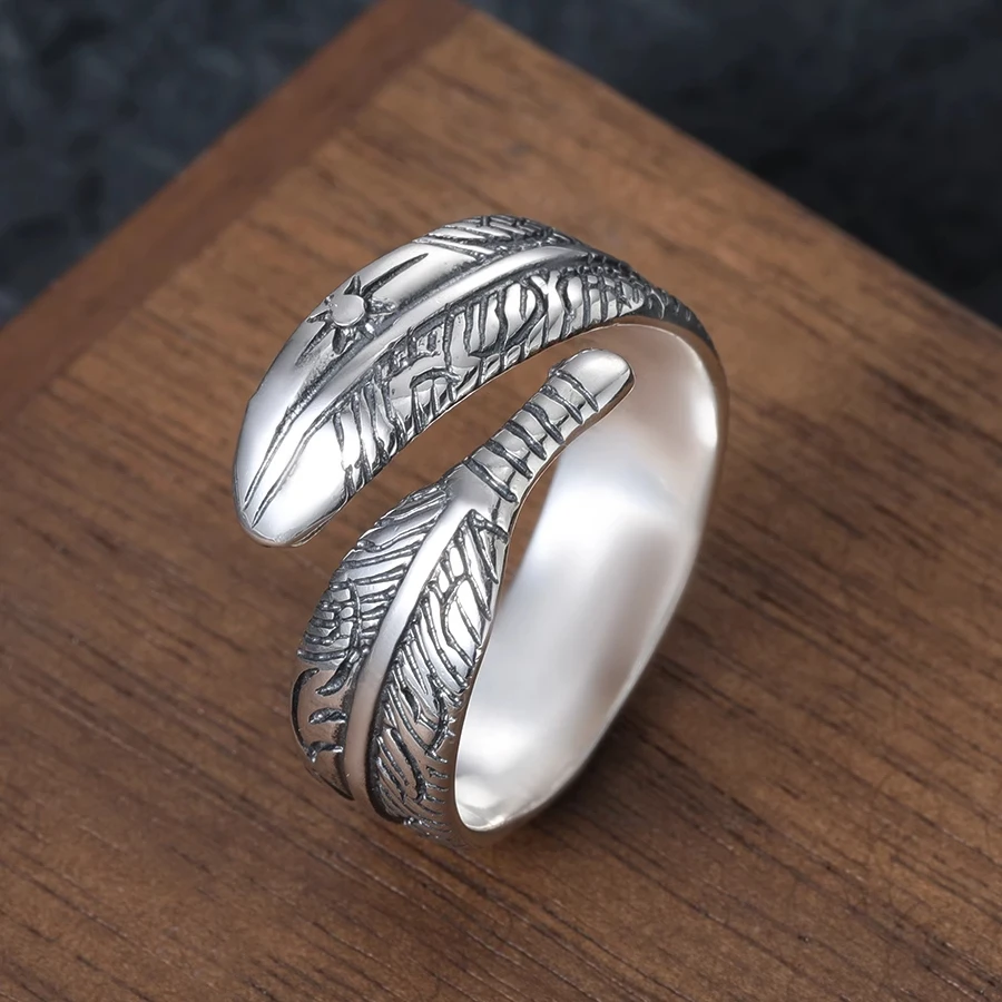 Punk stylish indian style feather ring s925 sterling silver stylish tang grass pattern engraved open ring men