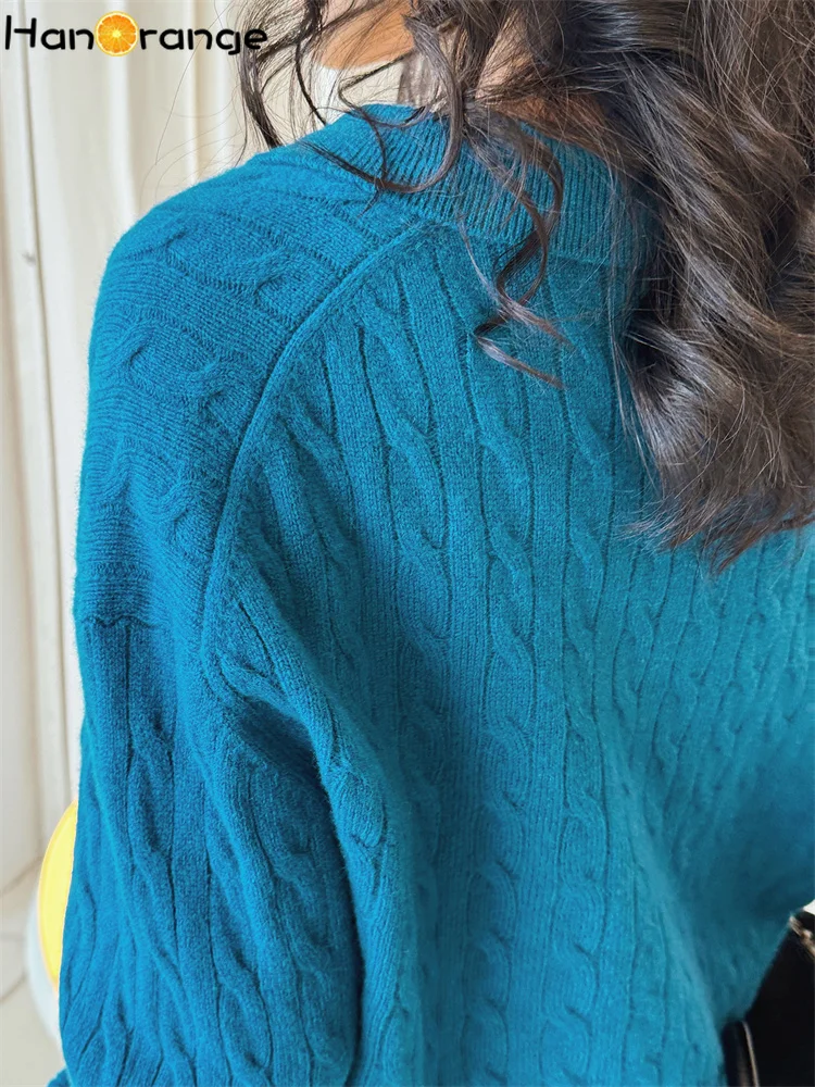 HanOrange 2025 Early Spring Lazy Twisted Flower Knitted 100% Wool Sweater Women Loose Comfortable Top Grey/Sea Blue