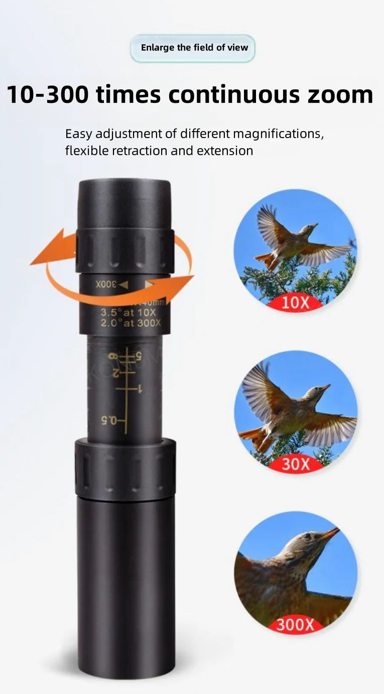 Tragbares Fernglas-Teleskop mit starkem Licht, 10–300 x 40 Zoom-Teleskop, HD-Fernbedienung, professionelles Monokular, BAK4-Prisma, Jagd, Camping – Detail 4