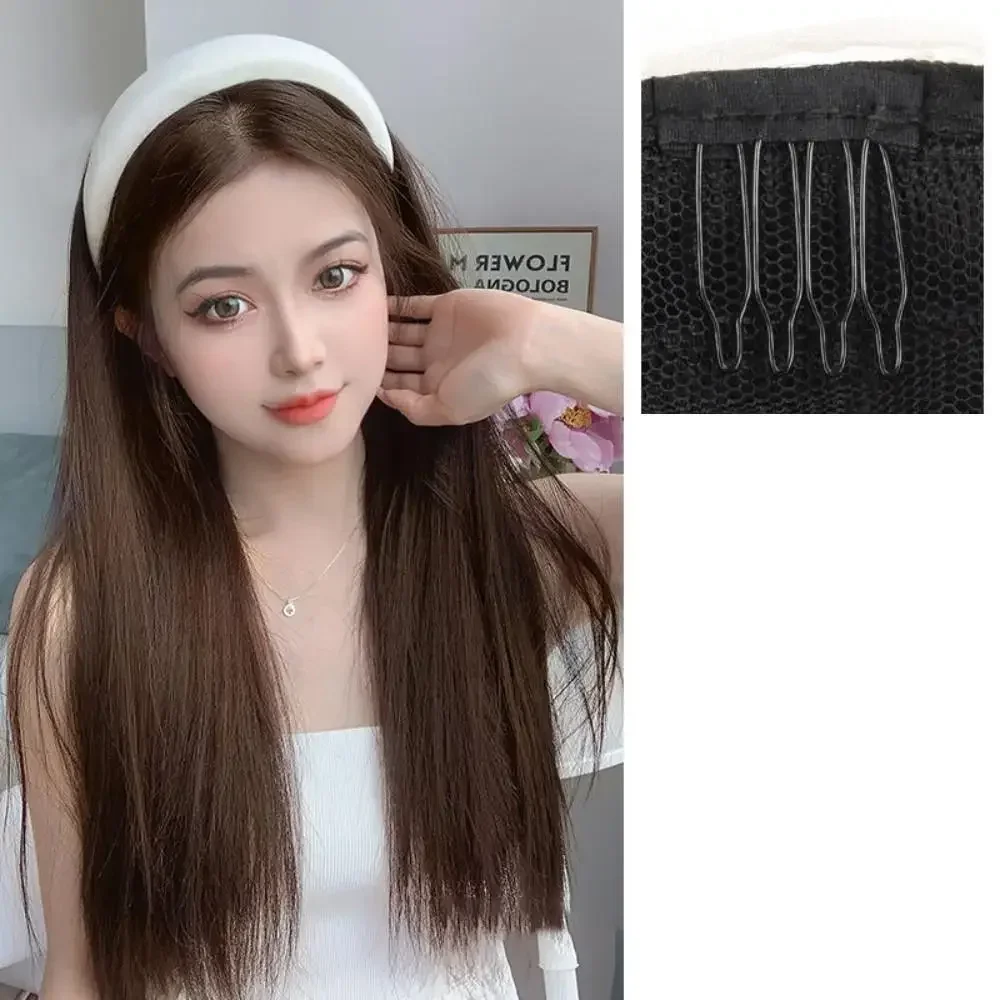 Bando rambut lurus panjang wanita, Wig sintetis Set setengah kepala terintegrasi untuk gadis muda