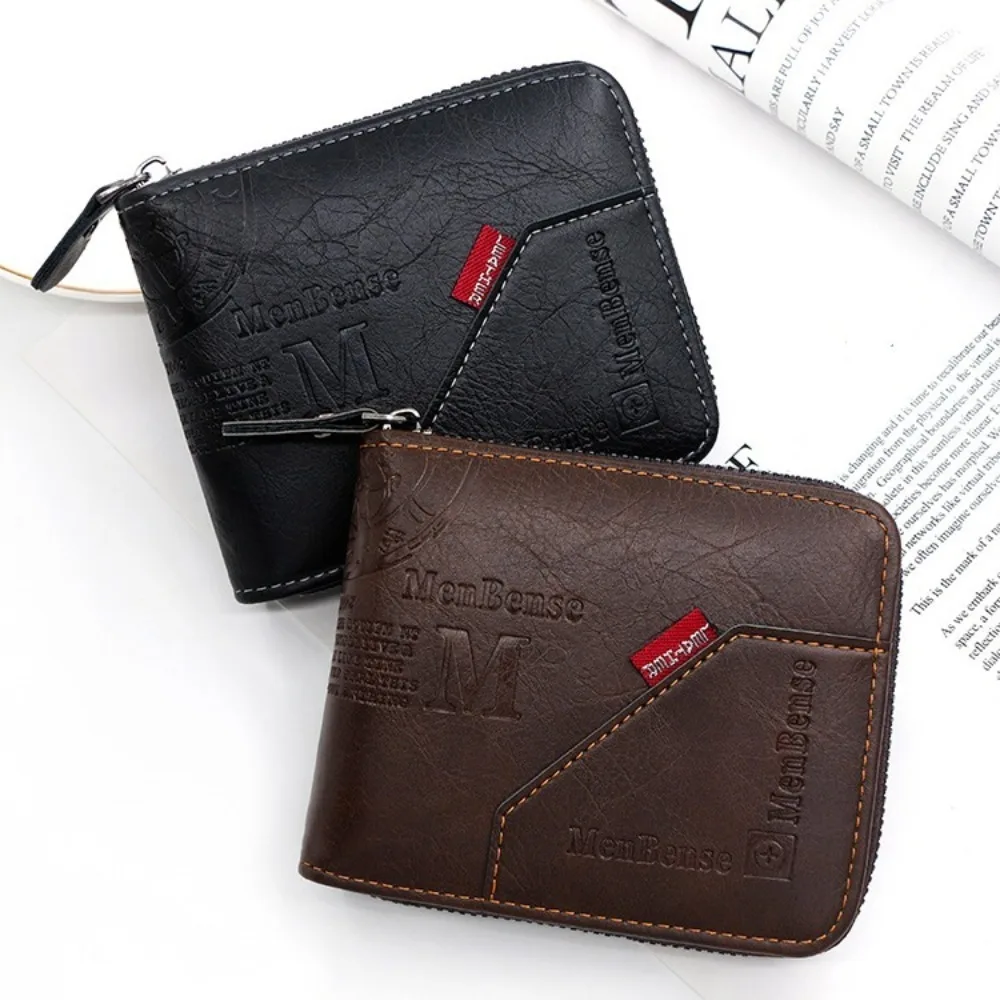 

Sewn PU Leather Short Zipper Wallet Multi-card Button Men's Coin Purse Cash Clamp Mini Tri-fold Wallet Work