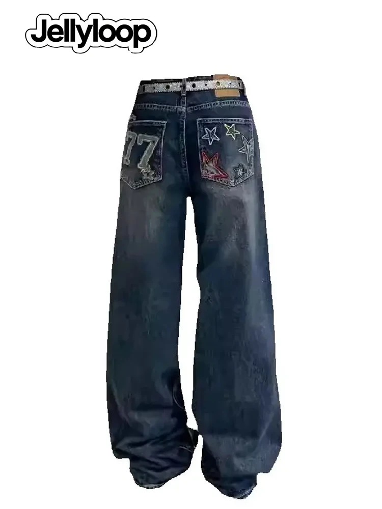 

Осень-зима 202, женские американские ретро синие широкие джинсовые брюки Y2K, мешковатые джинсы с вышивкой для мам 2000-х годов, японские джинсы в стиле Харадзюку