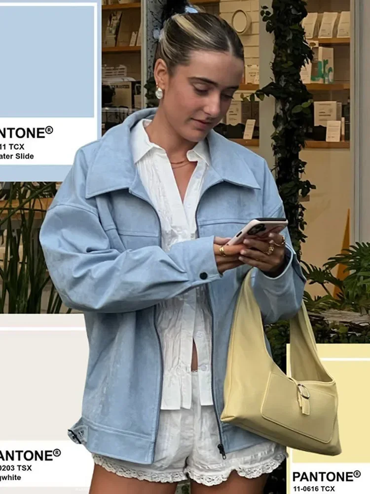 

Women Light Blue Lapel Jacket Elegant Long Sleeve Zipper Loose Fit Outerwear 2025 New Autumn Chic Street Casual Commute Lady Top