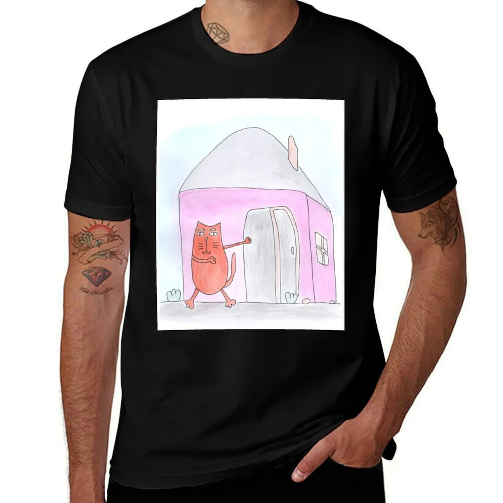 Cat points to the house. Real estate, rent T-Shirt Lightweight Print T-Shirt