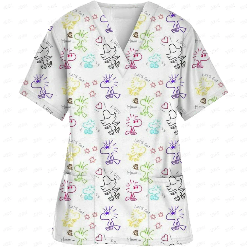 Hospital Working Uniforms V Neck Short Sleeve Scrub Clothes Cartoon Snoopy Printing Women's Nurse Clothes Clinical Uniform