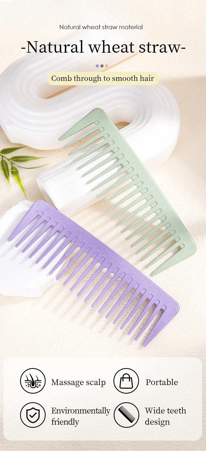 1pc Breite Zähne Kamm Anti-frizz Kopfhaut Massage Haarbürste Umweltfreundliche Weizen Stroh Pinsel Tragbare Haar Schönheit Styling werkzeuge – Detail 4